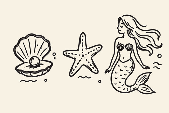 Hand Drawn Mermaid and Sea Life Doodle Set Vector Illustration
