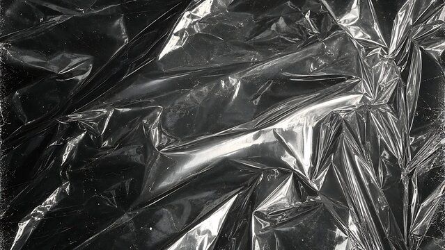 Crumpled plastic wrap texture, wrinkled transparent film on black background, glossy cellophane overlay for graphic design