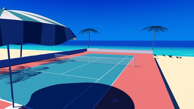 Striped umbrella fluttering above a turquoise seaside tennis court with palm shadows and ocean view, retro summer resort seamless loop