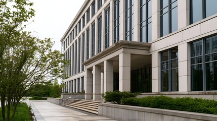 Obraz premium Modern institutional building with stone columns glass and landscaped walkway under overcast sky