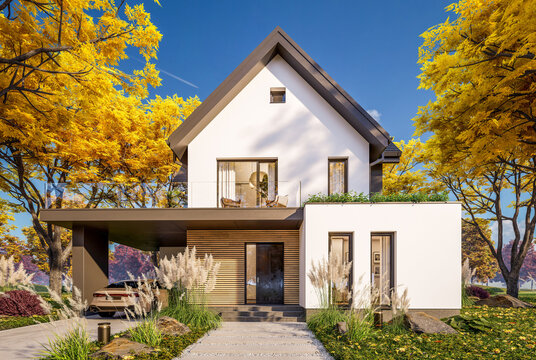 3d rendering of contemporary architectural luxury house exterior. Modern Scandinavian style family home with a white plaster walls, beautiful garden. Clear sunny autumn day with golden leaves anywhere