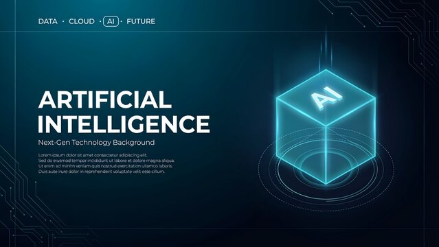 Glowing cyan cube featuring artificial intelligence typography floating above digital circuit platform on dark background representing modern software development tech