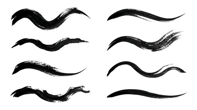 Black ink brush strokes set, hand drawn paint swashes on white background, artistic calligraphy smudge collection for graphic design