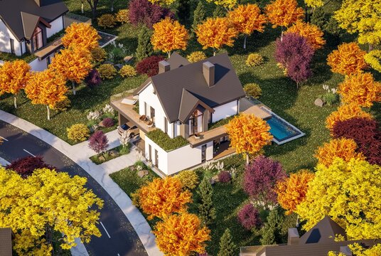 3d rendering of contemporary architectural luxury house exterior. Modern Scandinavian style family home with a white plaster walls, beautiful garden. Clear sunny autumn day with golden leaves anywhere