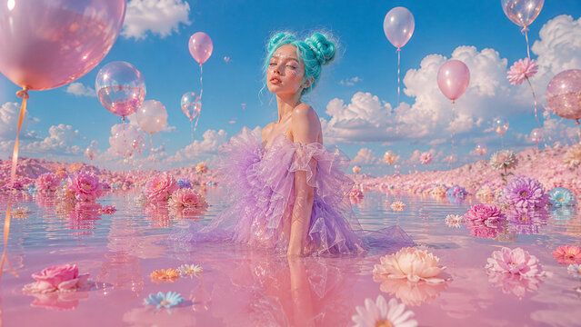 Surreal fashion portrait of a woman in a flowing pastel dress standing in pink water among giant flowers and balloons, ideal for beauty, fashion and creative advertising campaigns.