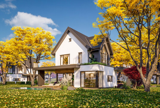 3d rendering of contemporary architectural luxury house exterior. Modern Scandinavian style family home with a white plaster walls, beautiful garden. Clear sunny autumn day with golden leaves anywhere