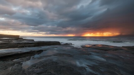 Obraz premium Ocean waves crash against rocky shorelines under a dramatic stormy sky.