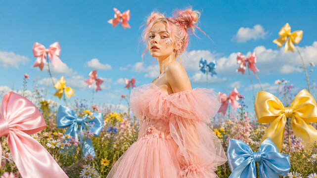 Dreamy fashion portrait of a woman in a pink couture dress among giant colorful bows and wildflowers, ideal for beauty, spring, celebration and creative advertising campaigns.