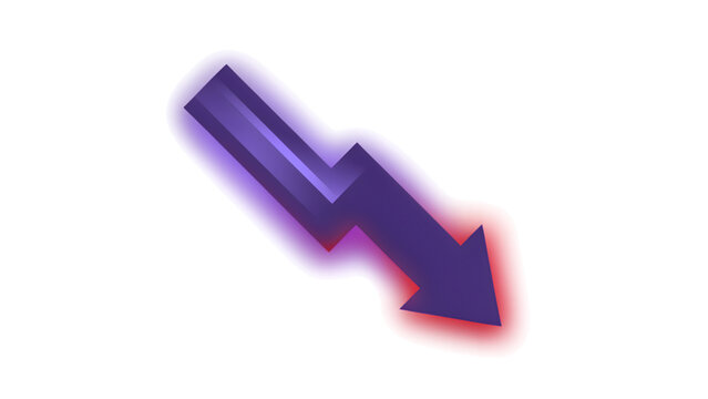 A3d rendered downward pointing arrow with a zigzag shape, featuring a purple gradient and a glowing red outline on a black background