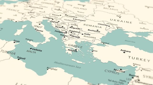 Europe. Political map with a smooth camera movement from the Eastern Mediterranean toward Western Europe.