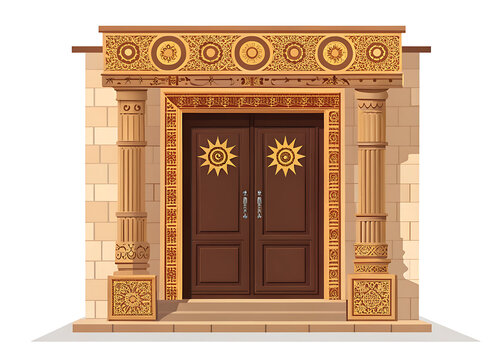Indian doorway with traditional sun motif carved above the entrance, dark wood double doors, sandstone columns, premium minimal vector illustration