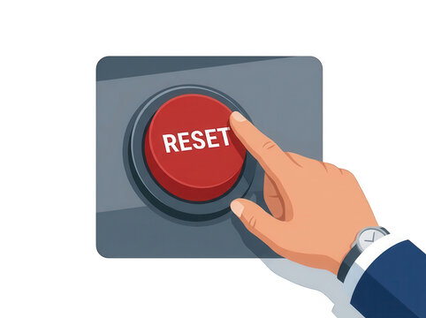 Hand pressing red reset button on control panel isolated on transparent background