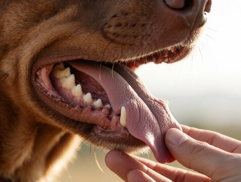 Brown dog mouth open showing teeth and pink tongue with human hand gently touching. Closeup animal muzzle detail in sunlight. Domestic pet care, health check.