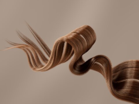 A strand of smooth, brown hair flows in elegant waves against a neutral beige background. 3d render illustration.