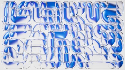 Fototapeta na wymiar Abstract geometric maze structure made of glass tubes, isolated on white background. Blue objects are refracted through the transparent surfaces. 3D rendering illustration.