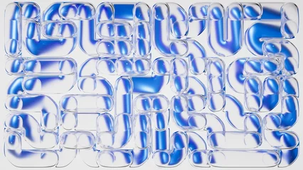 Abstract geometric maze structure made of glass tubes, isolated on white background. Blue objects are refracted through the transparent surfaces. 3D rendering illustration. © wacomka