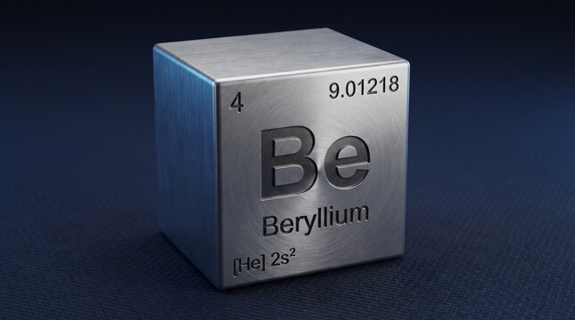 A metallic cube displaying the chemical element beryllium with atomic number four against a dark blue background