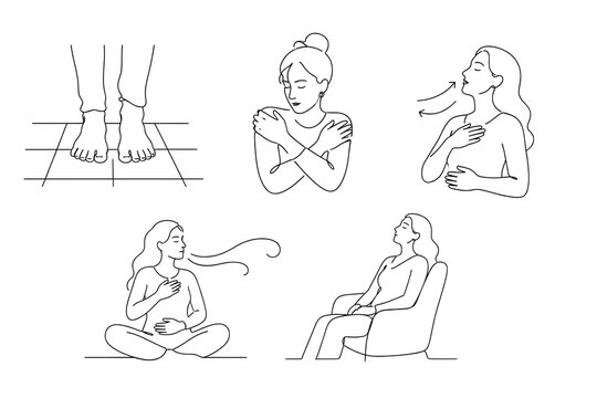 Black minimalist vector grid set of soothing panic attacks and calming nerves line art