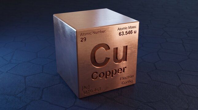 Solid metallic cube with engraved chemical symbol Cu representing Copper element in periodic table