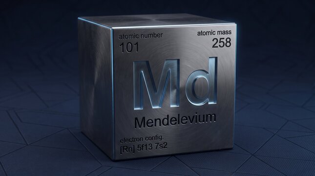 3D Metallic Cube Displaying Mendelevium Element with Atomic Number and Mass on Dark Background