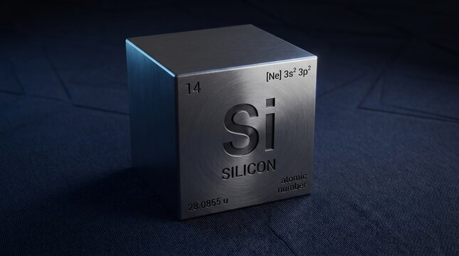 A metallic cube displaying the chemical element Silicon with its atomic symbol Si, number 14, and electron configuration on a dark textured surface