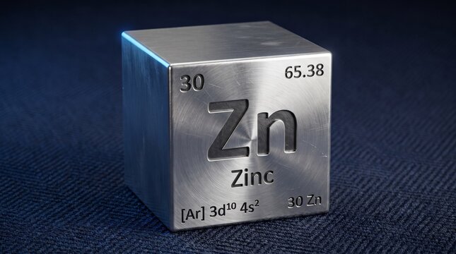 A solid metal cube representing the chemical element Zinc with its symbol Zn, atomic number, and weight engraved on a brushed metallic surface