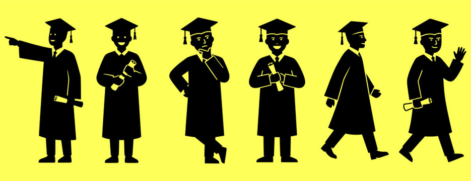 Graduation silhouette set with students in caps and gowns holding diplomas on yellow background