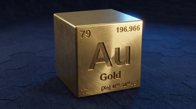 Solid gold metal cube with the chemical element symbol Au and atomic number 79 displayed on the shiny surface