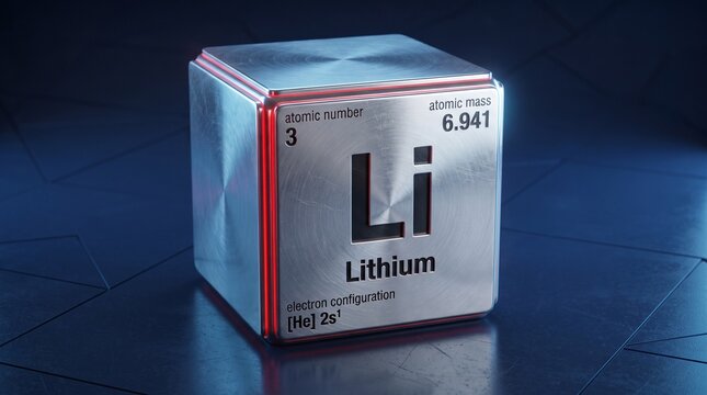 Metallic Lithium Cube Rendering with Periodic Table Symbol and Atomic Structure on Dark Background