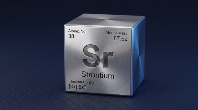 3D Metallic Strontium Cube Featuring Element Symbol Atomic Number and Mass on Dark Blue Background