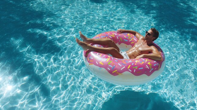 Man relaxes on giant pink donut float in sunlit pool.