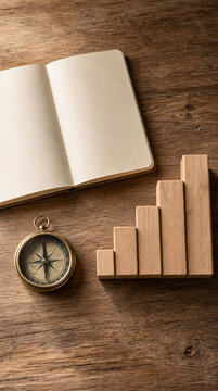 Blank open notebook beside vintage brass compass and wooden block staircase on rustic wooden table