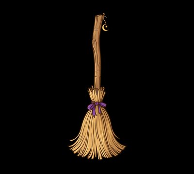 Witch wooden broom with purple ribbon and golden crescent moon charm