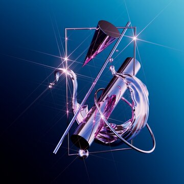 Chrome splash and metallic geometric forms create a futuristic abstract composition on blue. Premium image for technology, luxury, and modern digital design. 3D render illustration.
