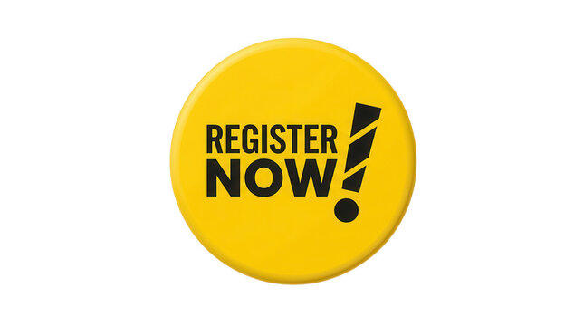 Yellow circular button with register now text isolated on transparent background