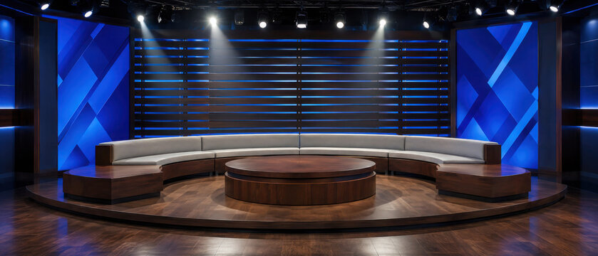 news studio set with glimmering lights and couches