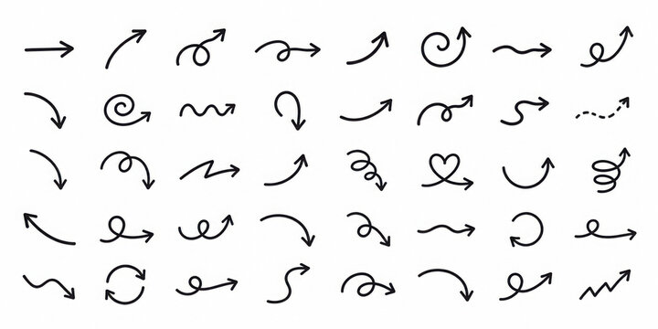 Sketchy arrow set with pen, crayon and chalk effects. Hand drawn style with brush and pencil strokes. Flat vector illustration isolated on white. Distressed rough texture for creative design.