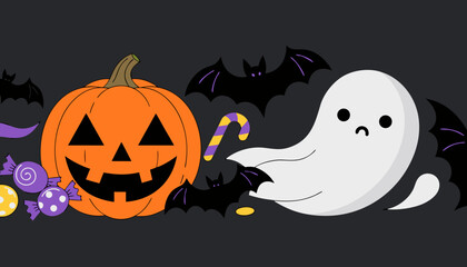 Fototapeta premium Cute Halloween illustration with jack-o-lantern pumpkin, ghost, bats and candy treats