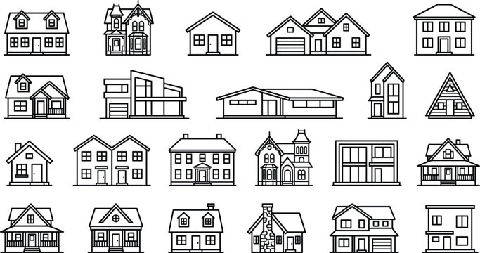 Various architectural styles residential homes thin line contour icons collection pack isolated on white background vector illustration