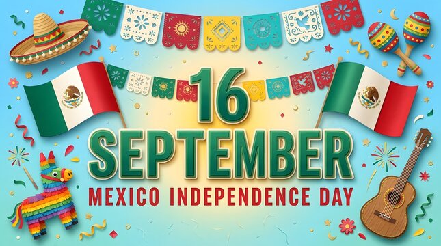 Mexican independence day celebration with flags maracas and a pi ata