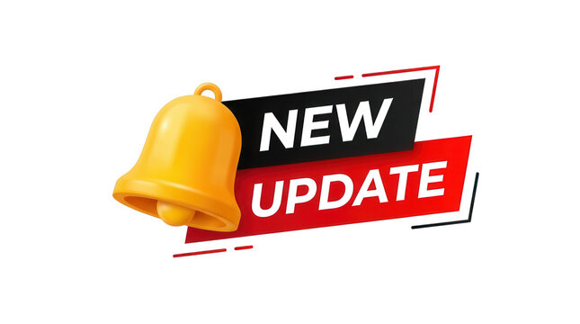 New update notification banner with 3d yellow bell isolated on transparent background