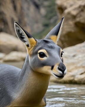 A patagonian mara  rabbit genetic hybrid fantasy animal, fictional species, in an ancient cursed canyon