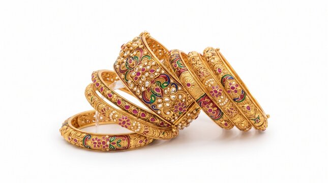Traditional Indian gold bangles with intricate filigree, ornate bridal jewelry set with gemstones, luxury ethnic gold bracelets isolated PNG with Transparent Background