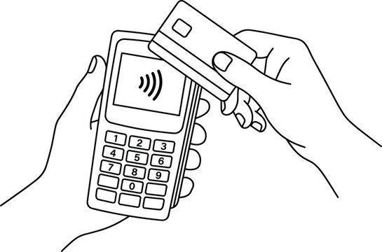 Hand holding credit card paying tap to reader on pos terminal device machine making wireless contactless financial commercial purchase payment transaction vector