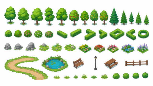 Isometric trees bushes and landscape elements vector illustration set