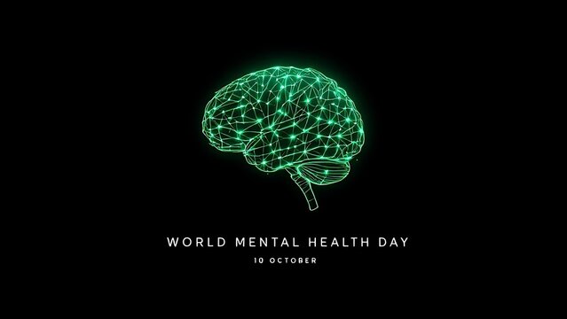 Glowing green wireframe human brain symbol representing world mental health day concept
