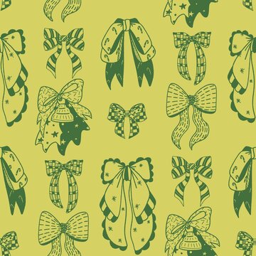Retro olive green and mustard bows seamless pattern on dark background