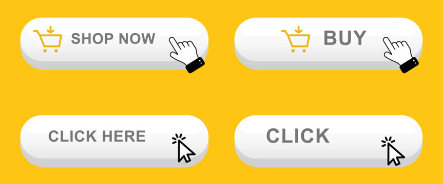 Editable Vector Shop Now, Buy, Click Here and Click Web Button Set with Realistic Cursor Icons, Glossy Rounded Call-to-Action Buttons for Website and E-commerce Design
