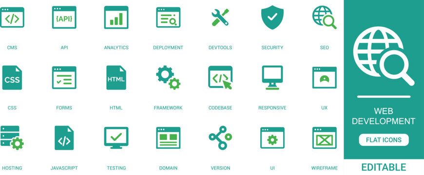 Web Development Flat Icon Set featuring CMS, API, HTML, CSS, JavaScript, Hosting, Responsive Design, SEO, UI, UX and Wireframe. Editable Vector Illustration