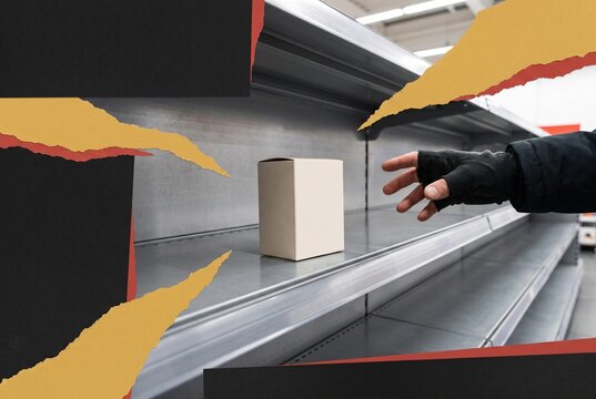 Last unbranded product box on an almost empty retail shelf with a customer hand reaching in, illustrating Black Friday scarcity and urgent demand in a conceptual collage